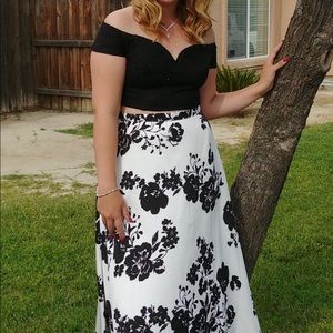Black and white two piece floral prom dress